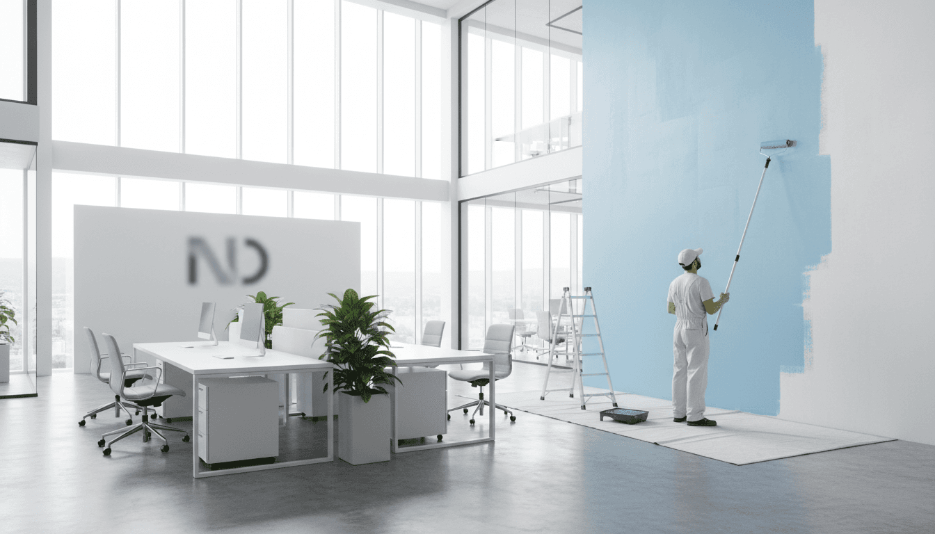 Professional painter applying paint on wall in bright commercial interior