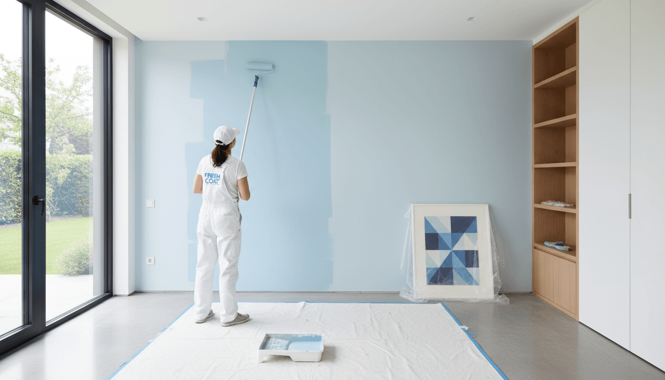 Painter with roller painting a wall in a bright room