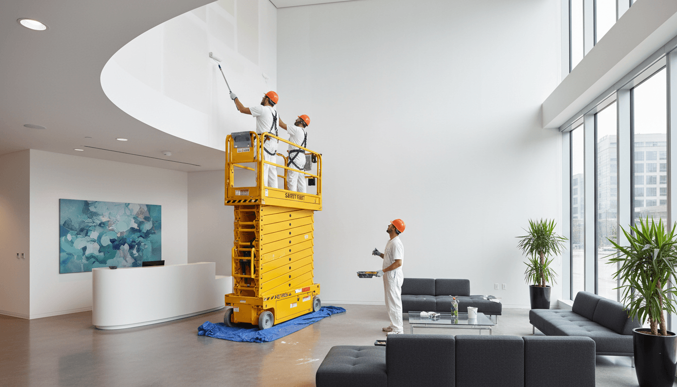 Two painters in business-appropriate coveralls rolling fresh paint onto a tall office lobby wall