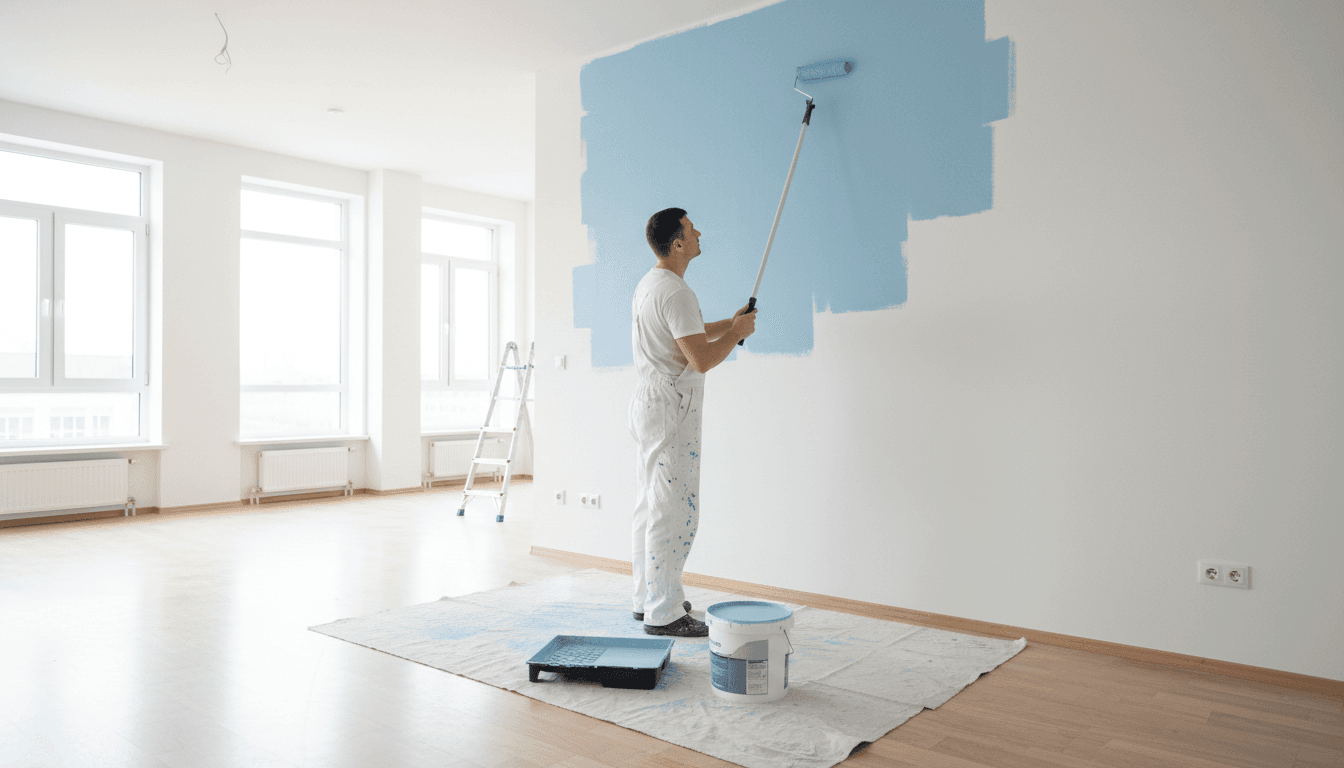 Professional painter applying paint to a wall with a roller