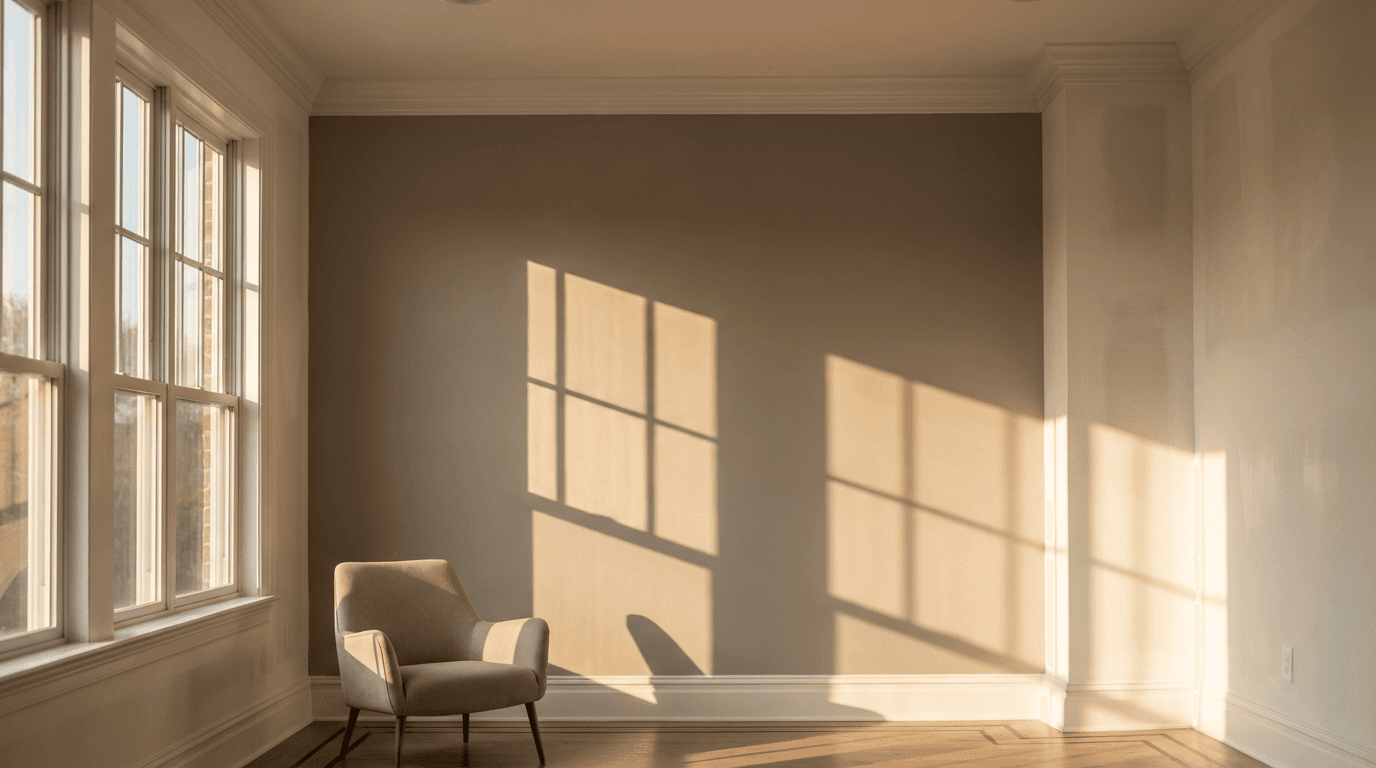 Bright living room with freshly painted soft gray walls