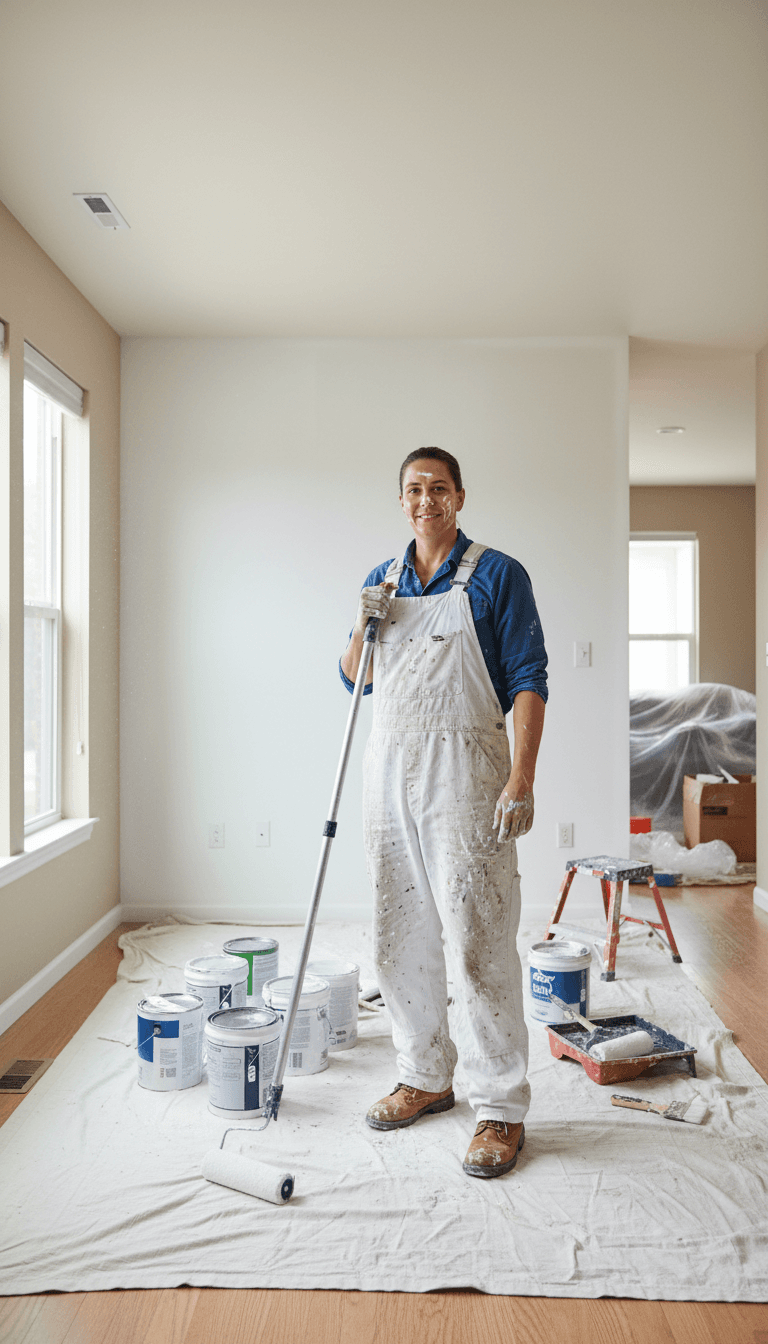 Professional painter on a call at a bright job site