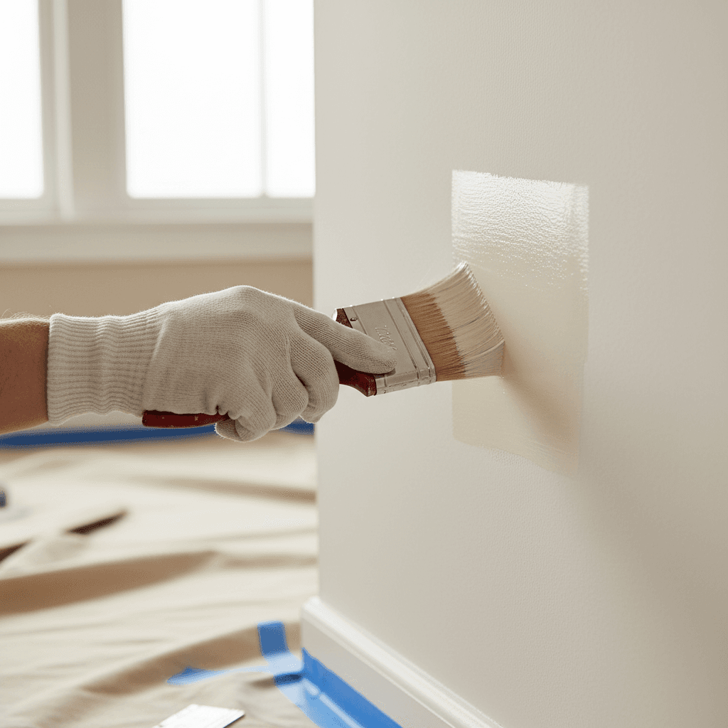 Professional painter sanding an interior wall before painting