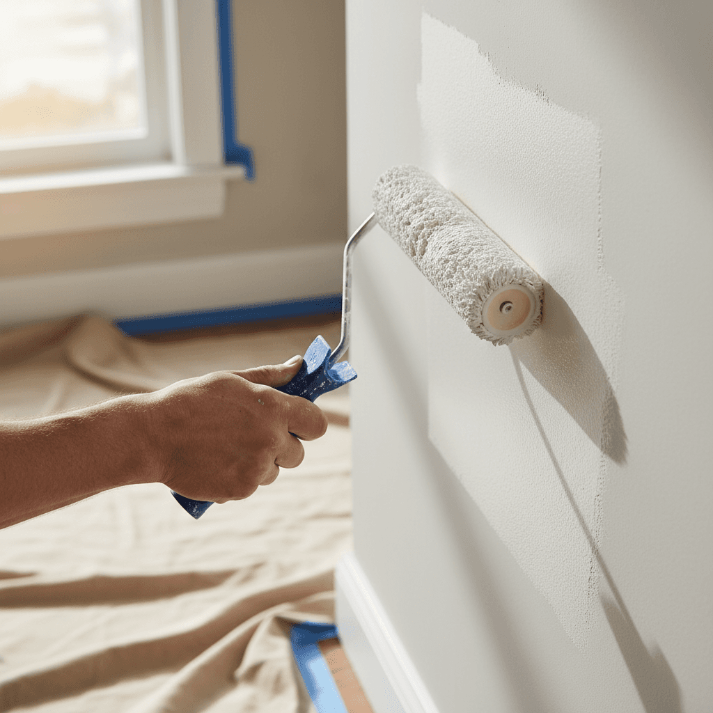 Professional painter applying fresh paint on an interior wall