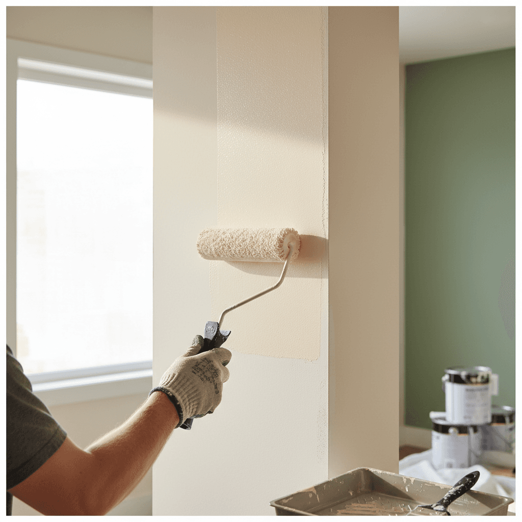 Professional painter applying paint to a wall in a bright commercial building