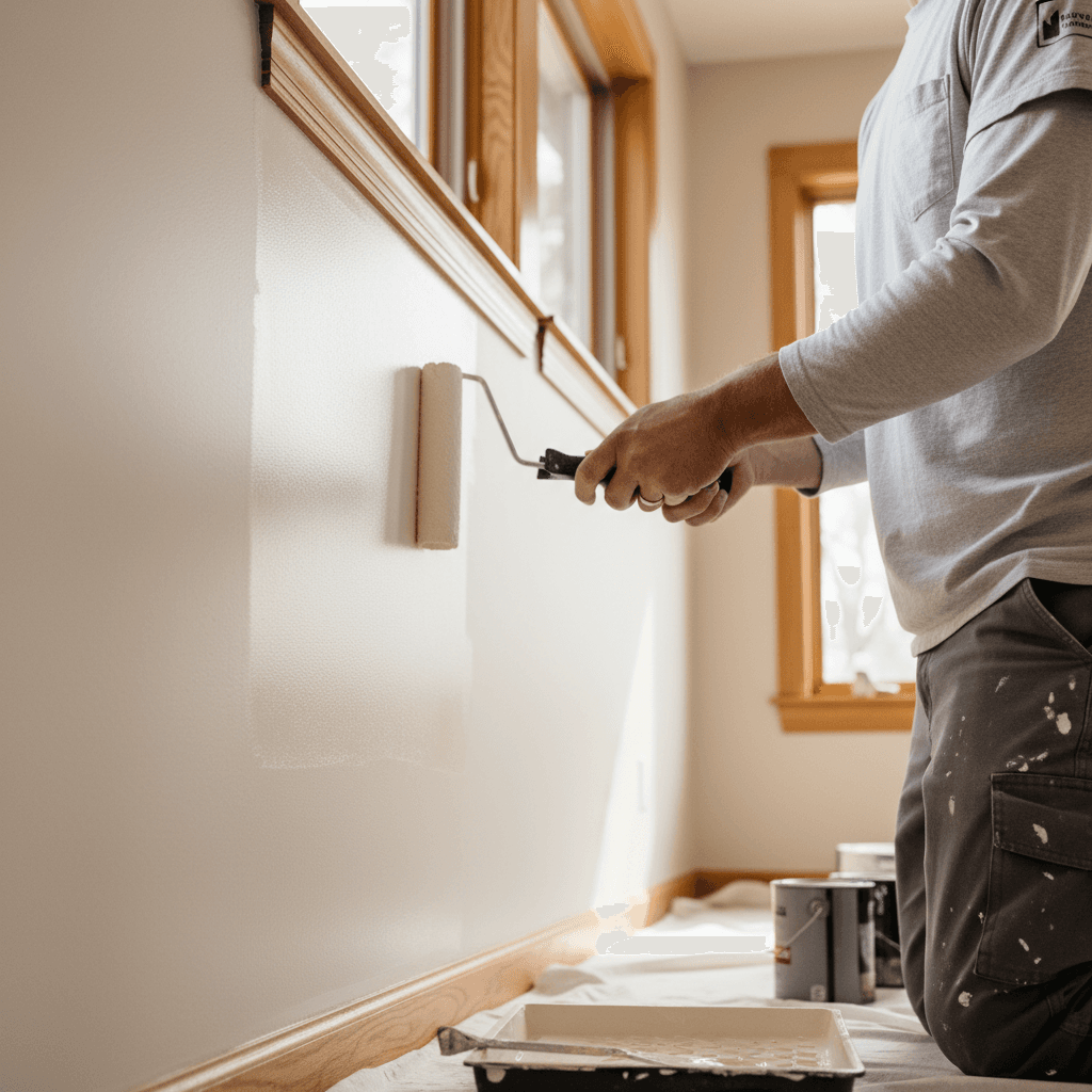 Professional painter holding a paint roller in a bright empty room