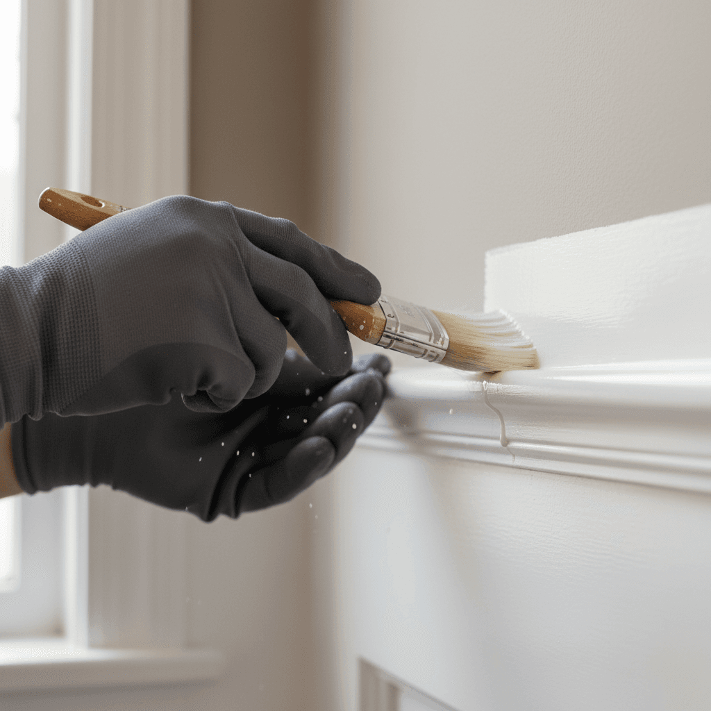 Close-up of painter using a brush on trim detail in an empty commercial space