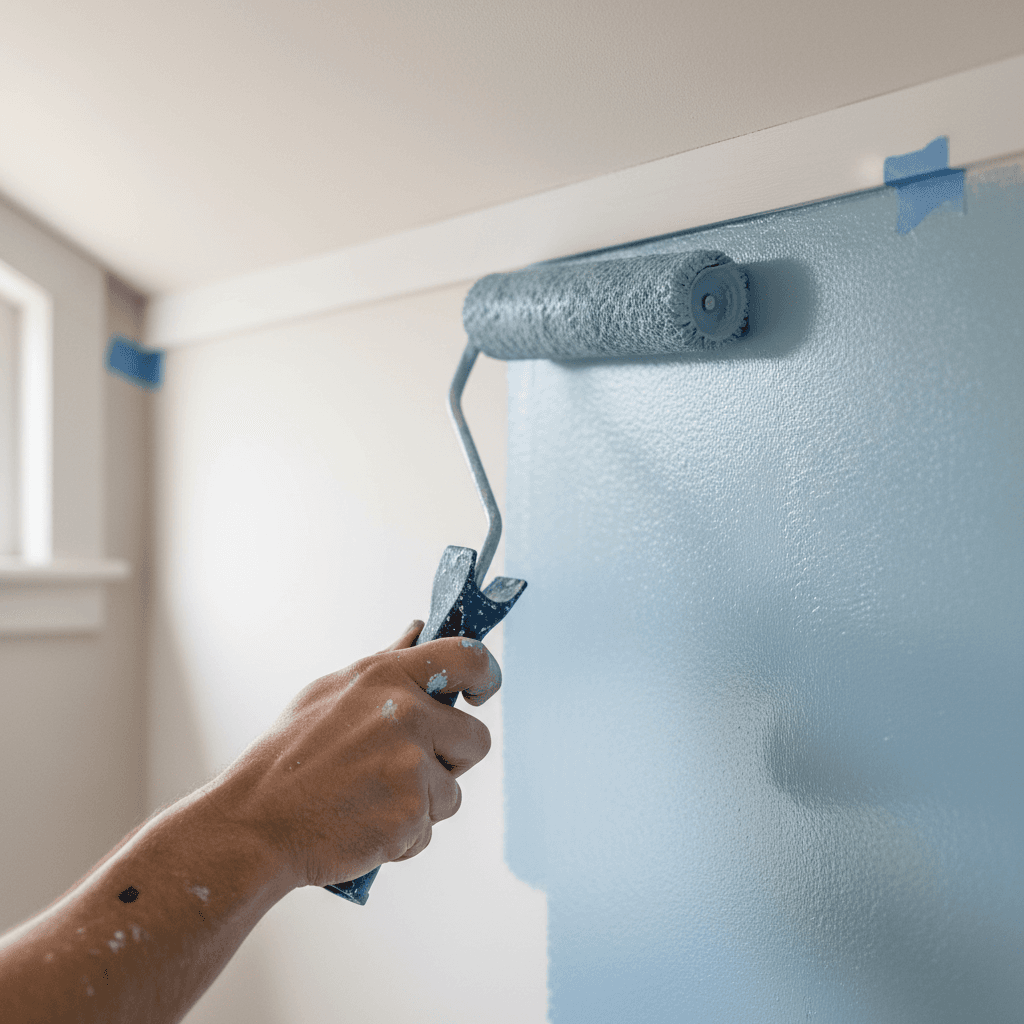 Painter applying paint to a wall in a bright interior space