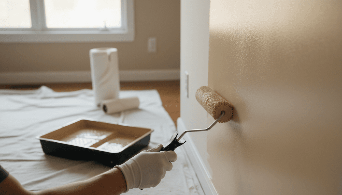 Painter applying paint to a large commercial warehouse wall
